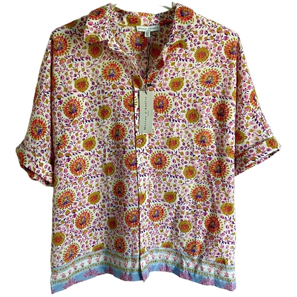 Maison d'Amelie Short Sleeve Button up Top Women's Large NEW NWT